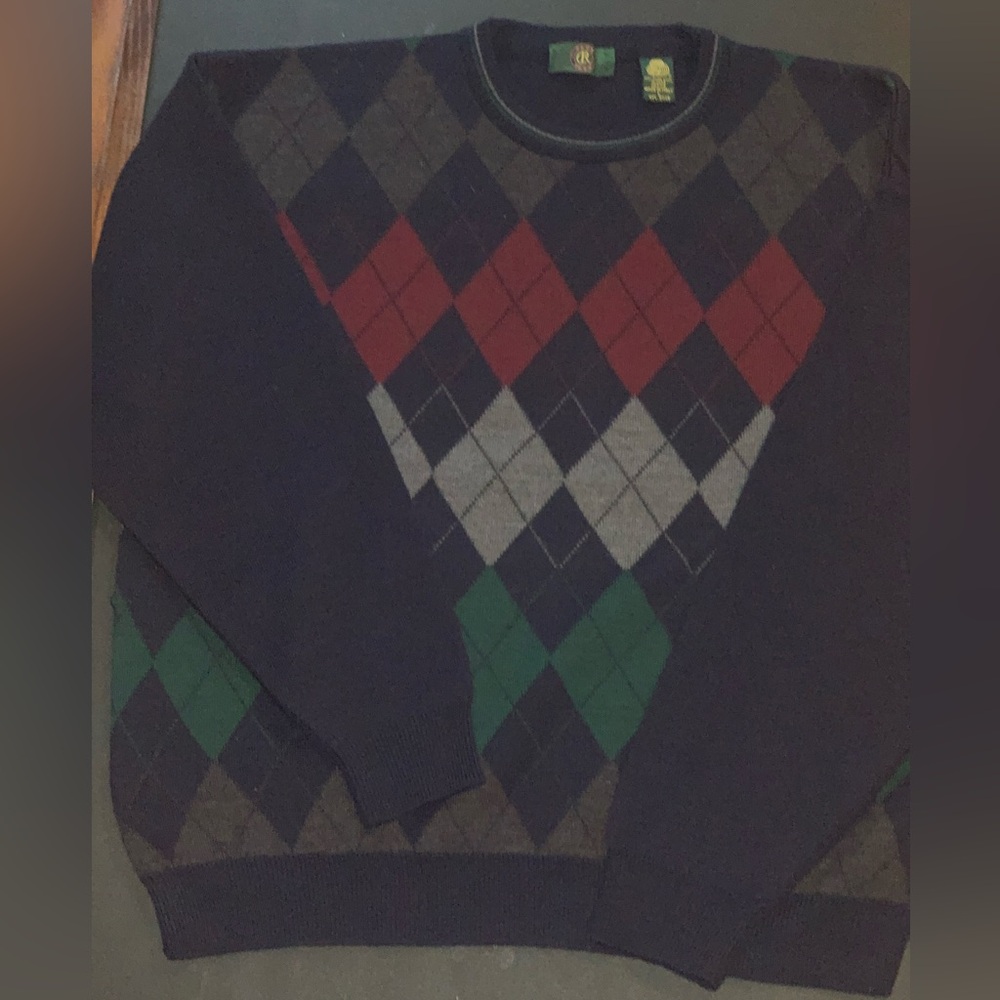Club Room 100% Merino Wool Argyle Sweater Mens Large V-Neck Made in Italy